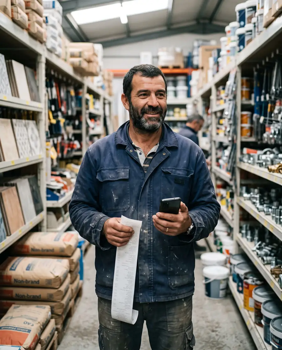 Builder in a building-supplies store holding a long receipt and his phone