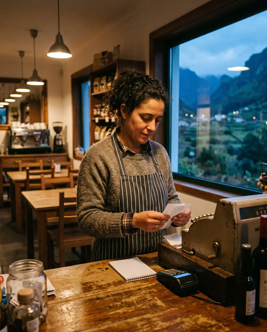 Café owner in Madeira checking the day's receipts at the counter