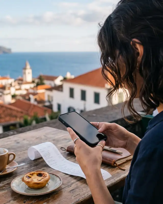Mulher num terraço na Madeira a usar o telemóvel